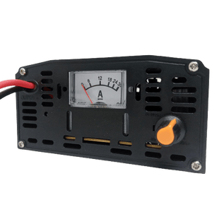 20A 12V Battery Charger Ma-1220 - a black front panel with an analog ammeter, an orange control knob, and two output wires.