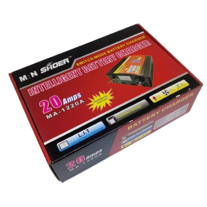20A 12V Battery Charger Ma-1220 High Quality - shown in its red and black retail packaging box with product information and branding printed on it.