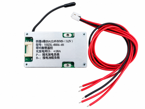 20A 4S 12.8V LiFePO4 BMS YHZX-6034-4S with separate wiring harness and attached temperature probe on white background
