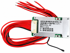 20A 8S 24V LiFePO4 BMS 6334-8S with wires and probe, edited onto a white background
