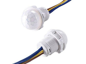 20mm Motion Sensor Light Switch - shown as two white, cylindrical sensors with dome-shaped lenses and attached brown, yellow, and blue wires.