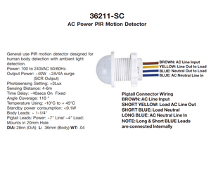20mm Motion Sensor Light Switch - shown in a technical diagram with a white sensor head, four coloured wire leads, and text describing wiring and specs.