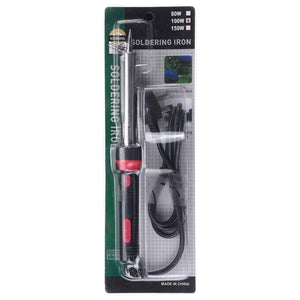 220V 100W Soldering Iron - its original retail blister packaging, featuring a black and red handle, a metal tip, and an attached power cord.
