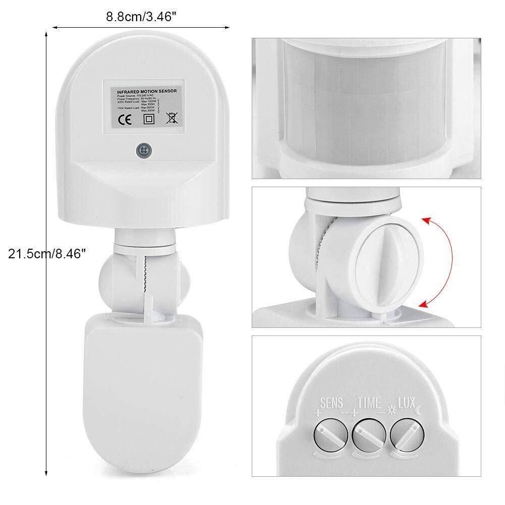 220V Automatic Infrared PIR LED Motion Sensor Detector Switch - shown with dimensions, a side-view adjustment knob, and three control dials for SENS, TIME, LUX.