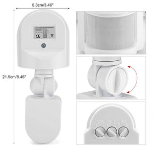 220V Automatic Infrared PIR LED Motion Sensor Detector Switch - shown with dimensions, a side-view adjustment knob, and three control dials for SENS, TIME, LUX.