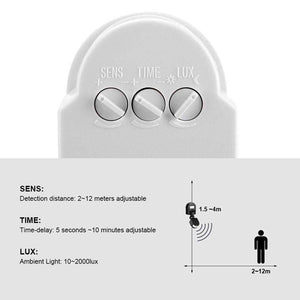 220V Automatic Infrared PIR LED Motion Sensor Detector Switch - a close-up of three adjustment knobs and a diagram of detection specifications.