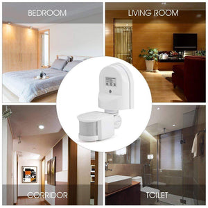 220V Automatic Infrared PIR LED Motion Sensor Detector Switch - shown as a white, adjustable device with a circular sensor head, set against room backdrops.