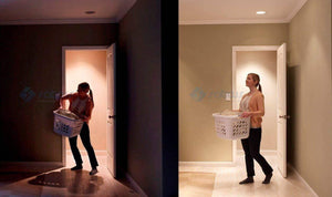 220V Automatic Infrared PIR LED Motion Sensor Detector Switch - shown in a split-screen comparison of a room lighting up as a person enters.