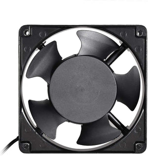 220V Cooling Fan 120mm x 120mm x 38mm 0.14A Dual Ball Bearings 4.75 Inch Fan - a black square-framed cooling fan with five blades and a power cable extending from the bottom left corner.