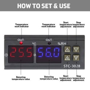 220V Stc-3028 Temperature Humidity Control Thermometer - the grey front panel with two digital displays, indicator lights, and four adjustment buttons.
