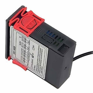 220V Stc-3028 Temperature Humidity Control Thermometer - a black rectangular device with a red mounting bracket and a wiring diagram label on its side.