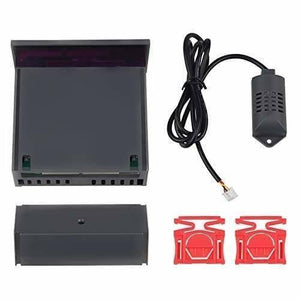 220V Stc-3028 Temperature Humidity Control Thermometer - a grey controller, a sensor probe with cable, a back cover, and two red mounting clips.