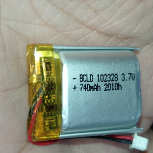 23mm x 28mm x 10mm 3.7V 740mA Li Ion Battery - a silver rectangular lithium-ion battery with a yellow protective tape, red and black wires, and a connector.