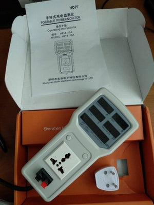 2400W 100V-240V 10A Power Meter Analyzer HP8 - with an instruction manual, a white plug adapter, and the grey handheld device with a display.