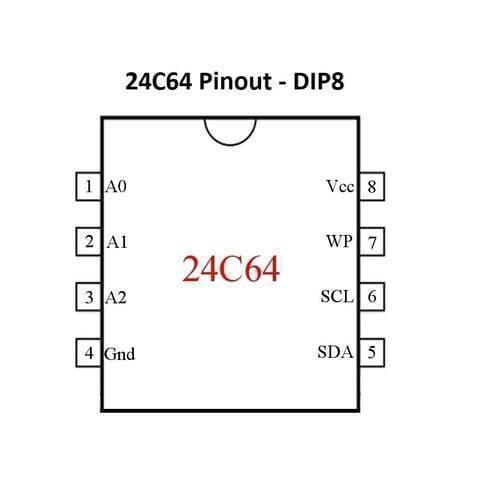 24C64 Serial EEPROM 64k Memory IC - a black and white diagram showing the DIP8 pinout configuration with labels for pins 1 through 8.