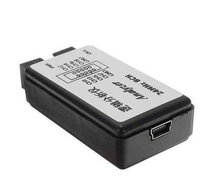 24MHz 8ch USB Logic Analyzer - shown at an angle, featuring a black rectangular case, a top label with pinout diagrams, and a side mini-USB port.