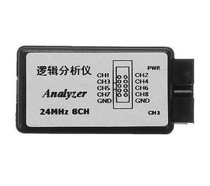 24MHz 8ch USB Logic Analyzer - shown as a black rectangular device with a white label featuring pinout diagrams for eight channels, ground, and power.