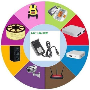 24V 1.5A AC DC Power Supply Adapter Charger - shown in the center with a black cord and barrel connector, surrounded by icons of compatible electronic devices.