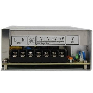 24V 10A Switching Power Supply SMPS - the silver metal casing, terminal block connections for AC input and DC output, and a voltage adjustment knob.