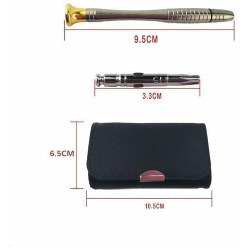 25 In 1 Precision Screwdrivers Set,mini Screwdrivers Repair Tools Kits With Leather Case For Mobile Phone, Pc Laptop, Macbook, Tablet, Ipad, Computers - a metal screwdriver handle, a screwdriver bit, and a black leather case with dimension labels.