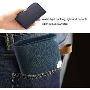 25 In 1 Precision Screwdrivers Set,mini Screwdrivers Repair Tools Kits With Leather Case For Mobile Phone, Pc Laptop, Macbook, Tablet, Ipad, Computers - shown in a dark blue leather wallet-style case, held in a hand and tucked into a jeans pocket, with dimensions noted.