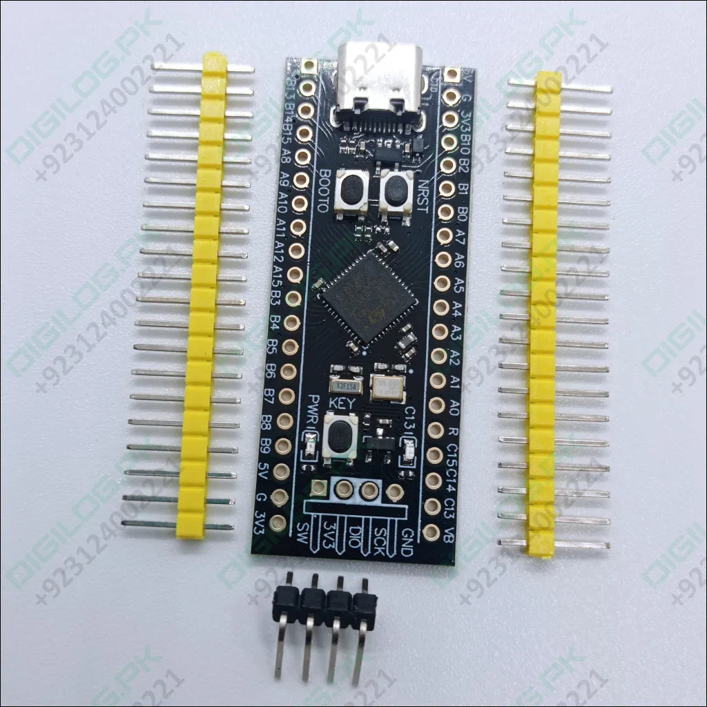 256KB ROM Back Pill Development Board STM32F401 STM32F401CCU6 IC V3.0 - with a USB-C port, two buttons, and two rows of yellow header pins and a 4-pin header included as accessories.