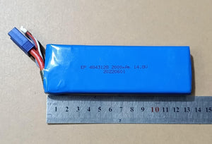 25S 4S 14.8V 2200mAh LiPo Battery - a blue rectangular pack with a blue connector and white balance lead, shown next to a metal ruler for scale.