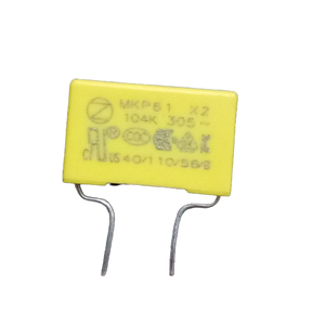 275V Capacitor 104k 0.1uF - a yellow rectangular film capacitor with two metal leads, showing printed technical markings including MKP61 and X2.
