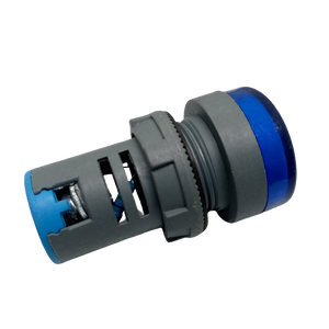27mm 220V LED Pilot Panel Indicator Signal Warning LED Lamp - shown as a cylindrical grey plastic body with a blue circular lens and electrical terminals.