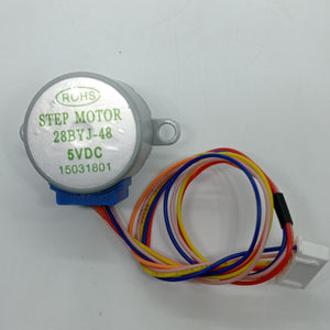 28BYJ-48 5V Stepper Motor - The Best Stepper Motor For Your Projects - a round silver motor with a blue connector, five colored wires, and a white plug on a white background.