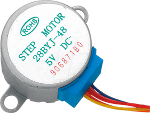 28BYJ-48 5V Stepper Motor - The Best Stepper Motor For Your Projects - a circular silver metal motor with a blue plastic connector and five multi-coloured wires extending from the side.