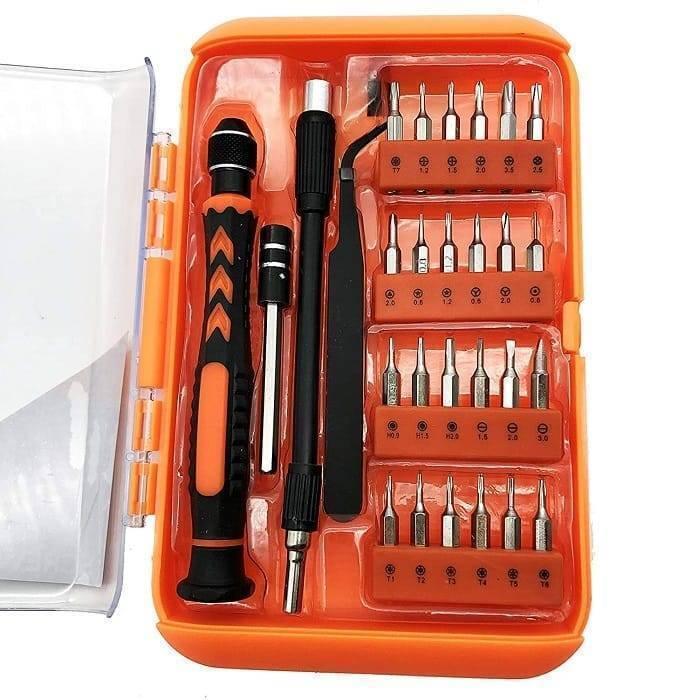 28pcs Precision Screwdrivers Tools Set Kit Pack For Electronics Pc Mobile Phones Smartphones Model Making 91025 - an open orange plastic case containing a screwdriver handle, extension bar, tweezers, and various bits.