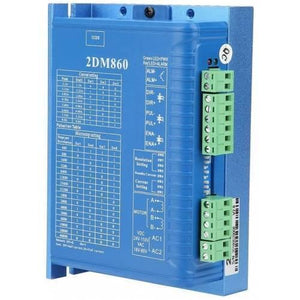 2DM860H 2 Phase NEMA23 NEMA34 Stepper Motor Driver - in a blue rectangular metal casing featuring side-mounted green screw terminal blocks and printed configuration tables.
