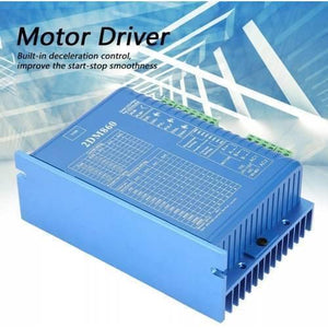 2DM860H 2 Phase NEMA23 NEMA34 Stepper Motor Driver - a blue rectangular electronic module with a finned heat sink, green terminal blocks, and a printed configuration table.