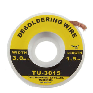2ft Braid Solder Remover Wick 0.75M 2.0 mm Desoldering Copper Spool Wire - a circular spool with a yellow and black label reading "3.0mm" width and "1.5m" length, with a copper wick end visible.