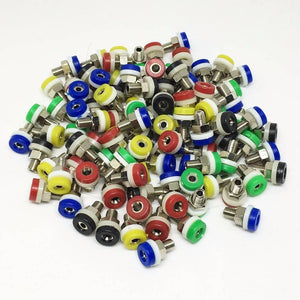 2mm Banana Female Socket Jack Connector For 2 mm Banana Plug Test - a pile of assorted multicolored 2mm banana female socket jack connectors with metal threaded shafts.
