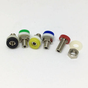 2mm Banana Female Socket Jack Connector For 2 mm Banana Plug Test - shown in black, green, yellow, blue, and red with a loose metal nut and white plastic washer.