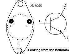 2N3055 Transistor - the bottom view pinout configuration with base, emitter, and collector labels alongside its electronic circuit symbol.