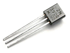 2N3904 / 3904 NPN Transistor - a small black electronic component with three metal pins and the text "2N 3904 A022" printed on its flat face.