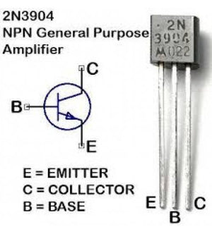 2N3904 / 3904 NPN Transistor - the schematic symbol, pin labels, and a physical view of the black three-pin component with E, B, and C markings.