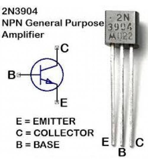 2N3904 / 3904 NPN Transistor - the schematic symbol, pin labels, and a physical view of the black three-pin component with E, B, and C markings.