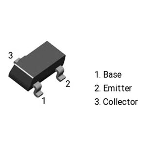 2N3906 MMBT3906 Transistor PNP SMD Sot-23 - shown in a 3D view with three numbered pins and corresponding labels for base, emitter, and collector.