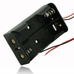 2x 18650 Cell Battery Holder - a black plastic dual-slot battery case with metal spring contacts and red and black wire leads.