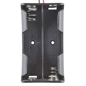 2x 18650 Cell Battery Holder - a black plastic dual-slot battery case with metal springs and two wires extending from the top.