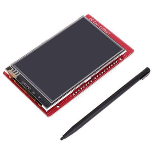 3.2 Inch TFT LCD Display Module Touch Screen Shield - shown with a black plastic stylus on a red circuit board with a header pin connector.