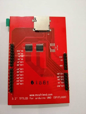 3.2 Inches Tftlcd Touch Screen For Arduino Uno , MEGA2560 Development Board - the red back of the circuit board with an SD card slot, pin headers, and printed labels.