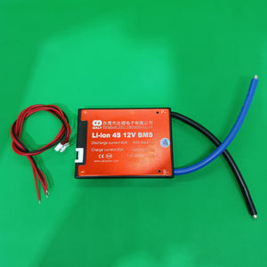 3.2V Daly BMS LiFePO4 4s 12V 60A PCB Protection Board With Common Connection Lithium Batteries With 3.2V DIY Power Tools - red casing, black and blue wires, and a red balance connector cable on a green background.