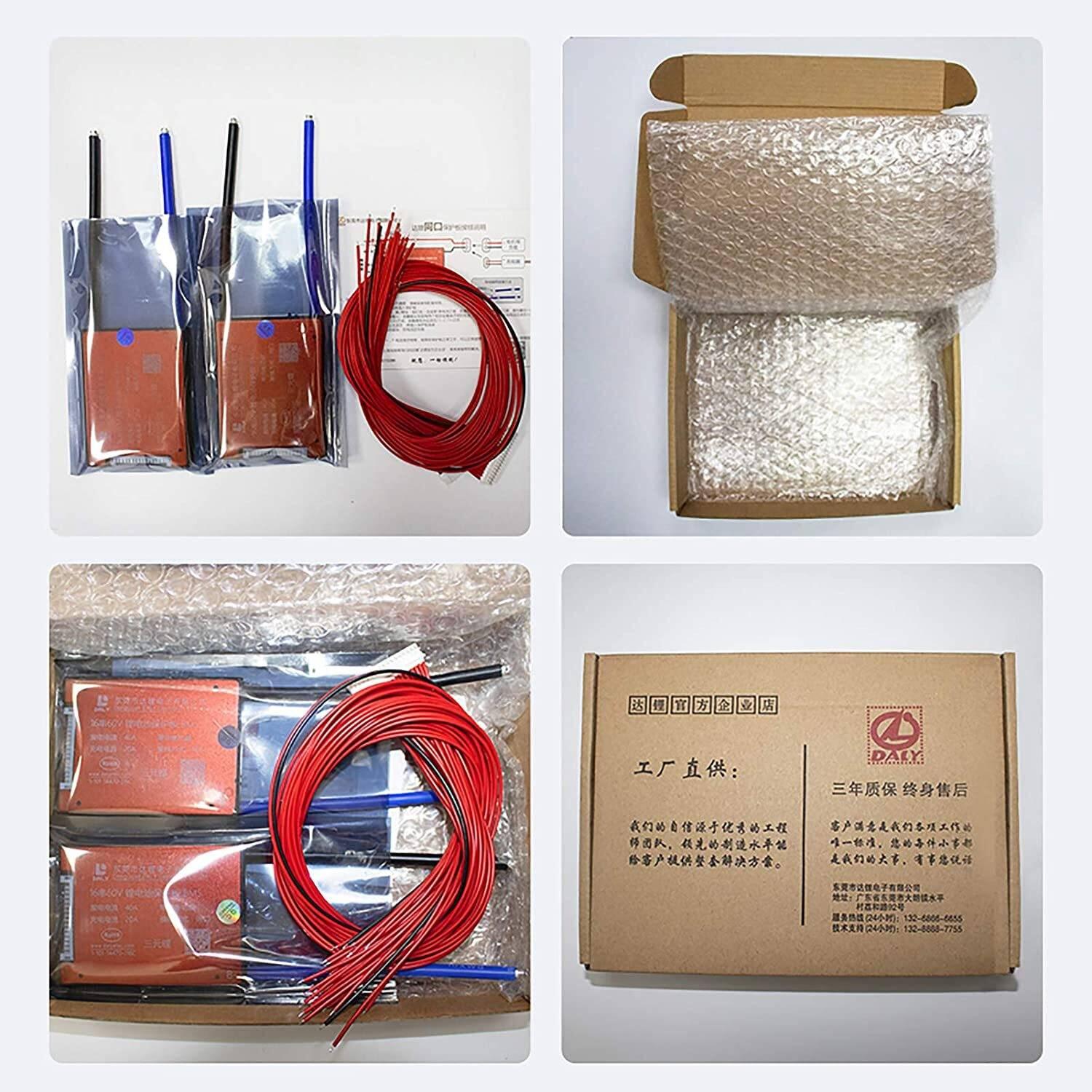 3.2V Daly BMS LiFePO4 4s 12V 60A PCB Protection Board With Common Connection Lithium Batteries With 3.2V DIY Power Tools - shown with red wiring harnesses, protective bubble wrap, and branded cardboard packaging.
