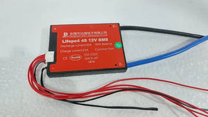 3.2vdc Common Port Daly BMS 4s 12V 50A LiFePO4 Battery Protection Module - a rectangular red device with a white balance connector and attached wires.