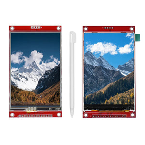 3.5 Inch TFT LCD Module With Touch Panel ILI9488 Driver 320x480 SPI Port Serial Interface (9 Io) Touch IC XPT2046 - two red circuit boards displaying a mountain landscape and a white stylus pen placed between them.
